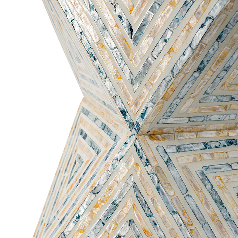 Geometric, Triangular Pattern Capiz Stool - Yellow, Blue Finish