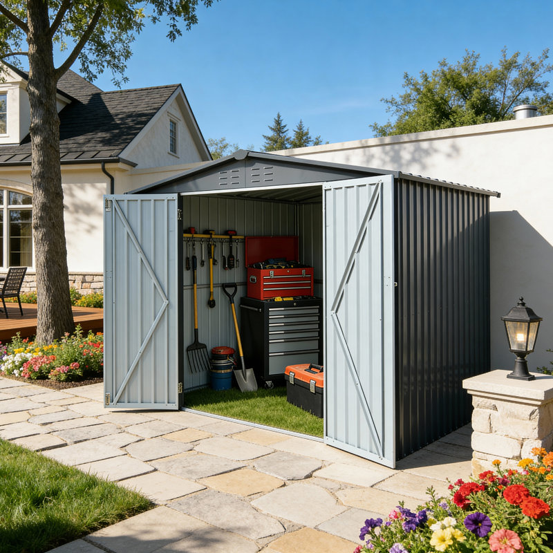 Remises spacieuses en métal, acier robuste, style industriel pour le rangement dans la cour