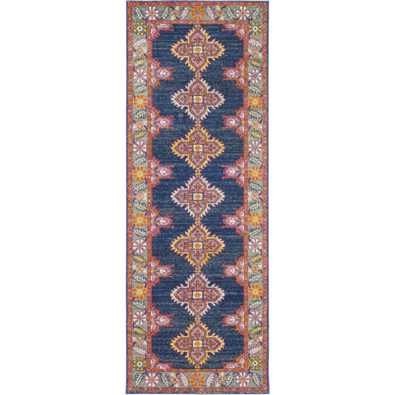 Tapis oriental bleu / orange Adelia, Tapis de couloir 2 pi 7 po x 7 pi 3 po