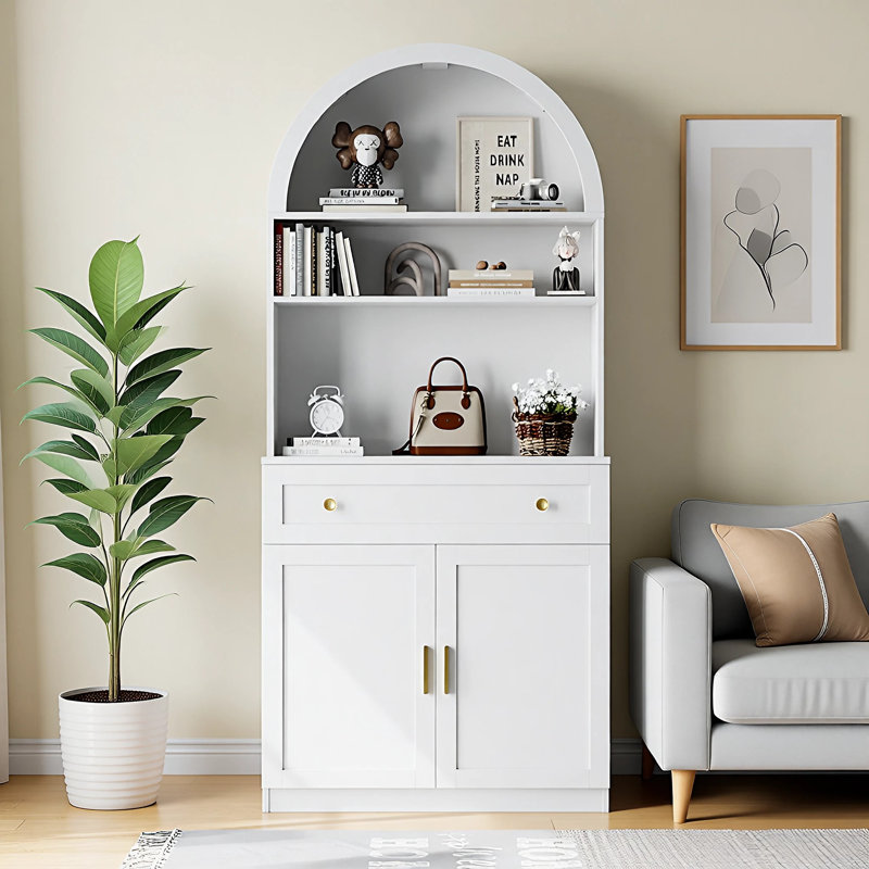 70" Tall Arched Kitchen Pantry, Modern Kitchen Storage Cabinets with Open Shelves, White