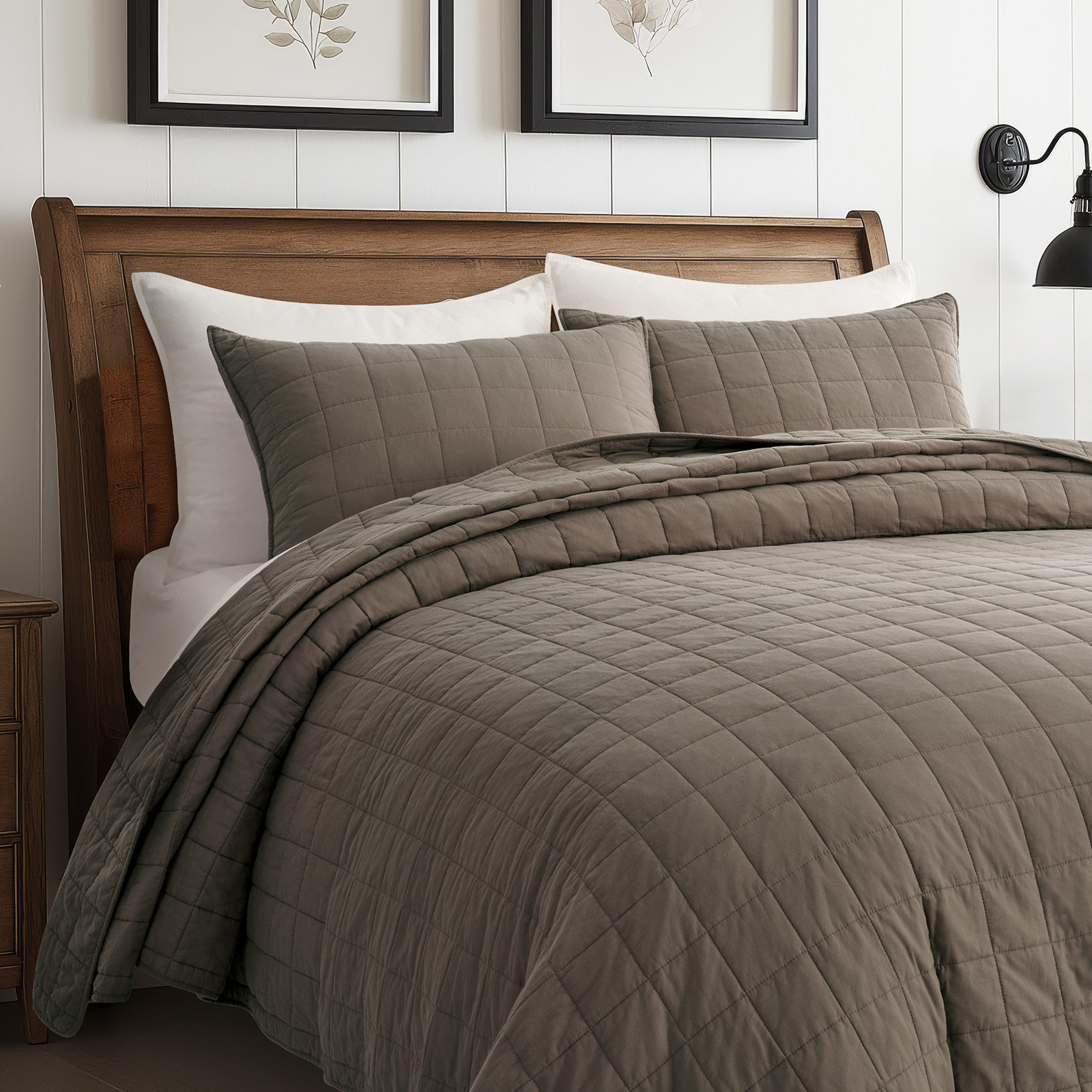 Cotton Quilt Set, Mocha Brown, Queen Quilt + 2 Queen Shams