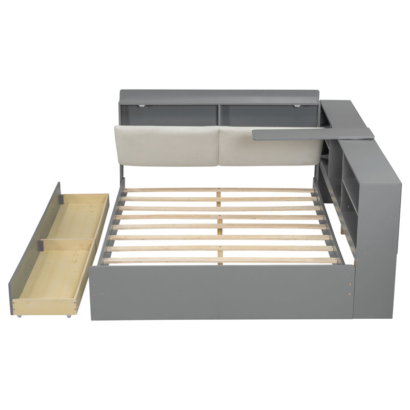 Lit plateforme en bois avec tête de lit avec rangement, tablettes et 2 tiroirs, Gris, Lit double