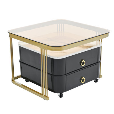 2-in-1 Square Nesting Coffee Table with Wheels & Drawers, Stackable Side Table with High Gloss Marble Grain Top, End Table Set with Brown Tempered Glass for Living Room,