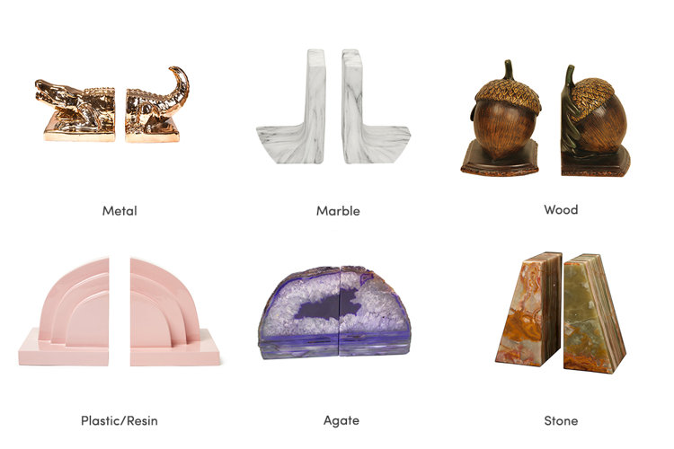 a collage depicting the six common materials of bookends, including metal, marble, wood, plastic and resin, agate, and stone