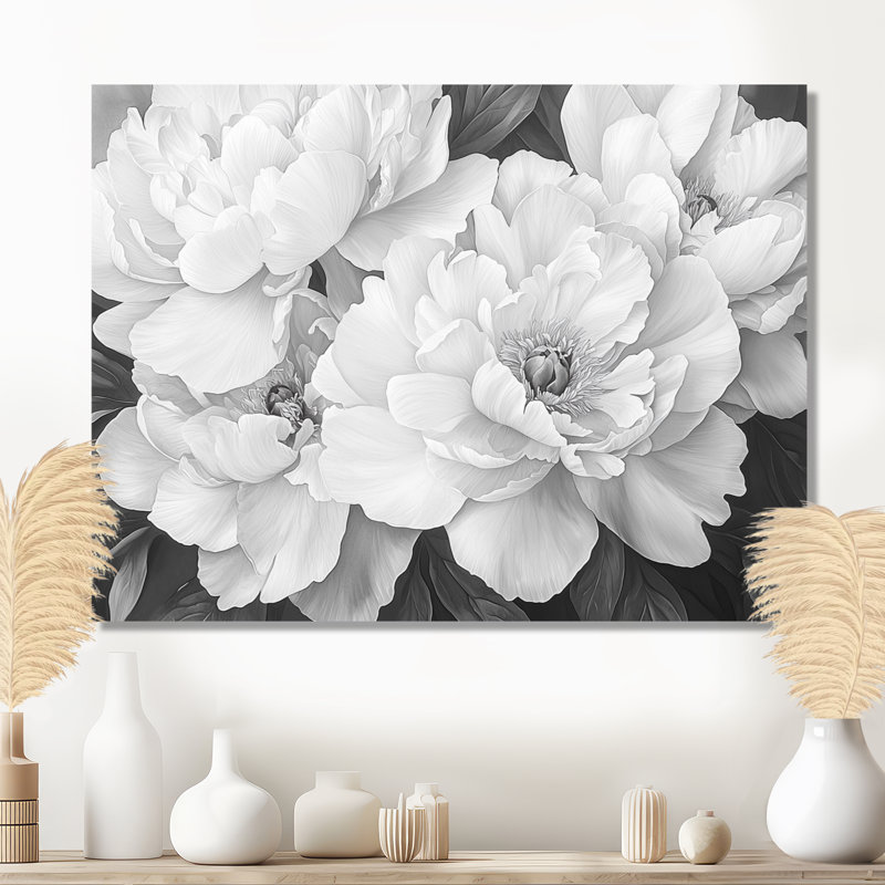 Pivoines en gris classique II - pivoines, art mural pour le salon, Toile tendue, Ne s’applique pas, H 24 po x l 32 po