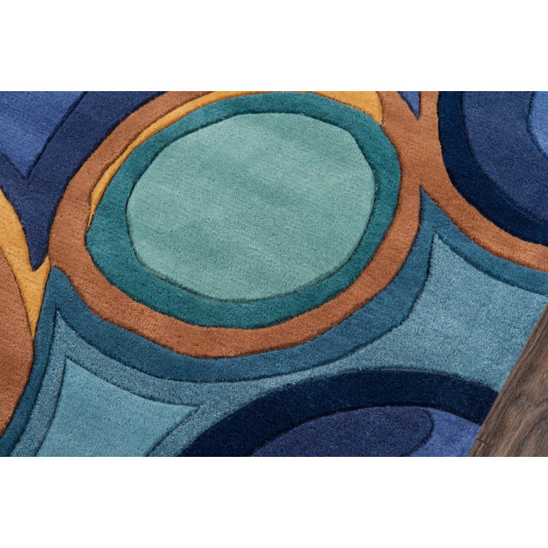 Tapis bleu / bleu sarcelle / orange en laine touffeté à la main Ayano, Rectangle 8 pi x 11 pi