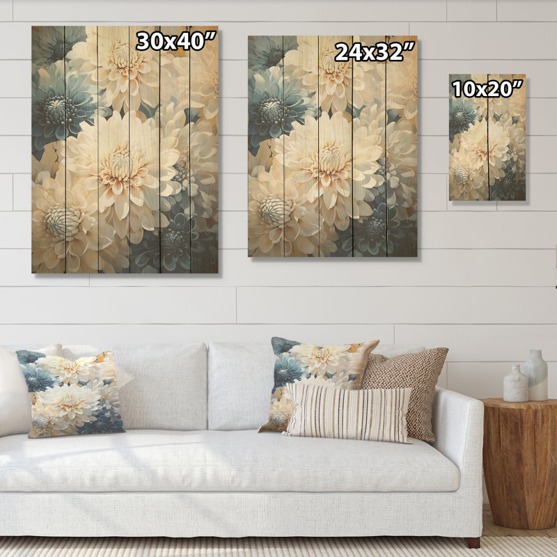 «Mums White and Blue Elegance I - Mums», art sur bois de pin naturel, H 40 po x l 30 po