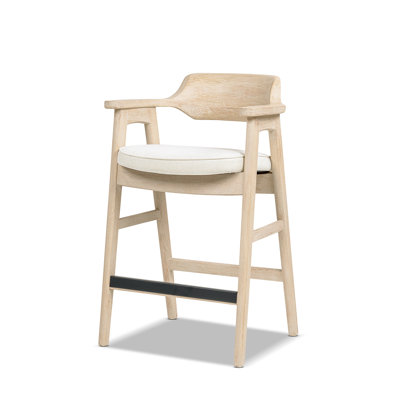 Tabouret de bar Hayes de 99 cm de haut, en pin recyclé et rembourré, brun clair, chenille beige clair douce couleur lin