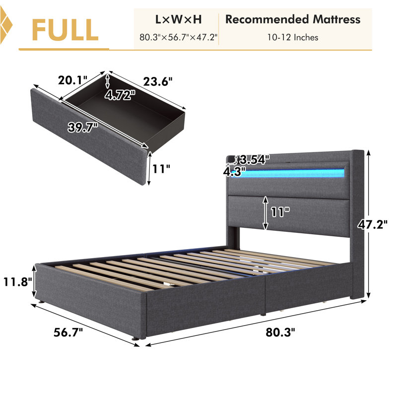 Berneil Upholstered Bed Frame with RGBW LED Lights Headboard & 4 Storage Drawers, Full/Double, Dark Gray