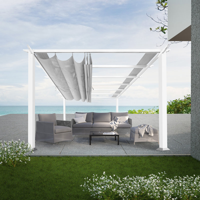 White Aluminum Pergola with Adjustable Silver Canopy, 11' x 11'