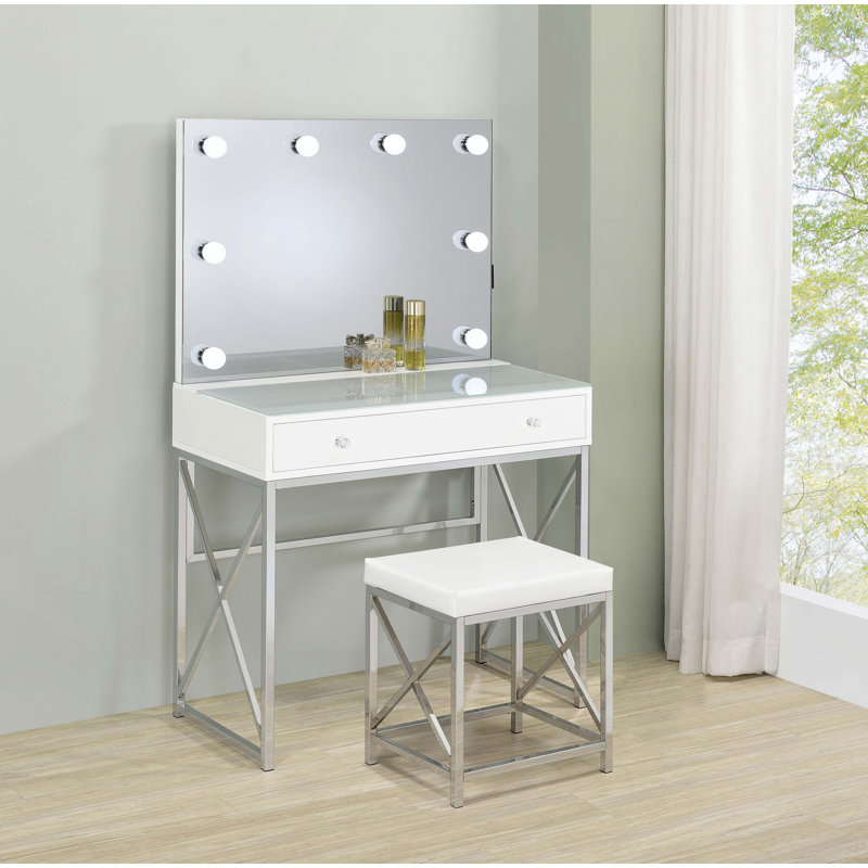 Aveyah 31.75" W Makeup Vanity Set with Lighted Mirror and Stool