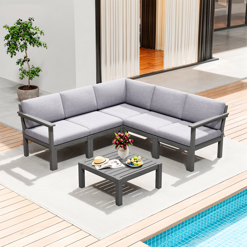 Ensemble de conversation modulaire pour patio pour 5 personnes avec coussins, ensemble de conversation de 6 pièces imperméable toutes saisons pour l'extérieur, gris
