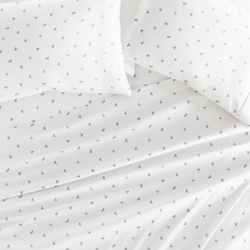 Ensemble de literie 4 pièces Ditsy, Fleur bleue, Ensemble de draps pour très grand lit avec 2 taie
