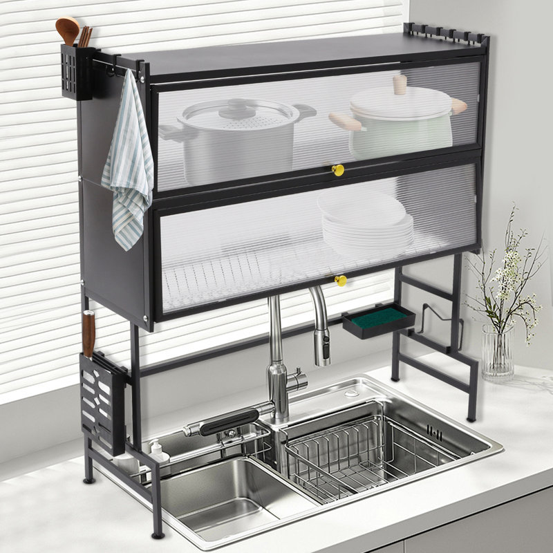 2-Tier Over Sink H-Shaped Dish Drying Rack Sink Drainer Rack Dish Drying Rack With Hooks, 40.9" H x 33.5" W x 11.8" D, Black
