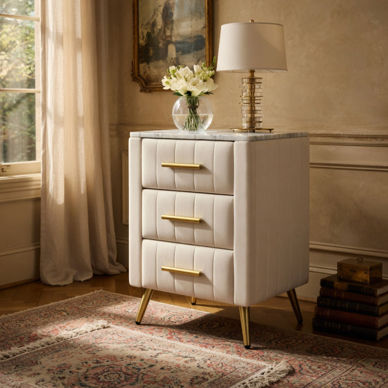 Table de chevet rembourrée en bois avec 3 tiroirs et pieds et poignées en métal, table de chevet avec plan de travail autocollant marbré - beige