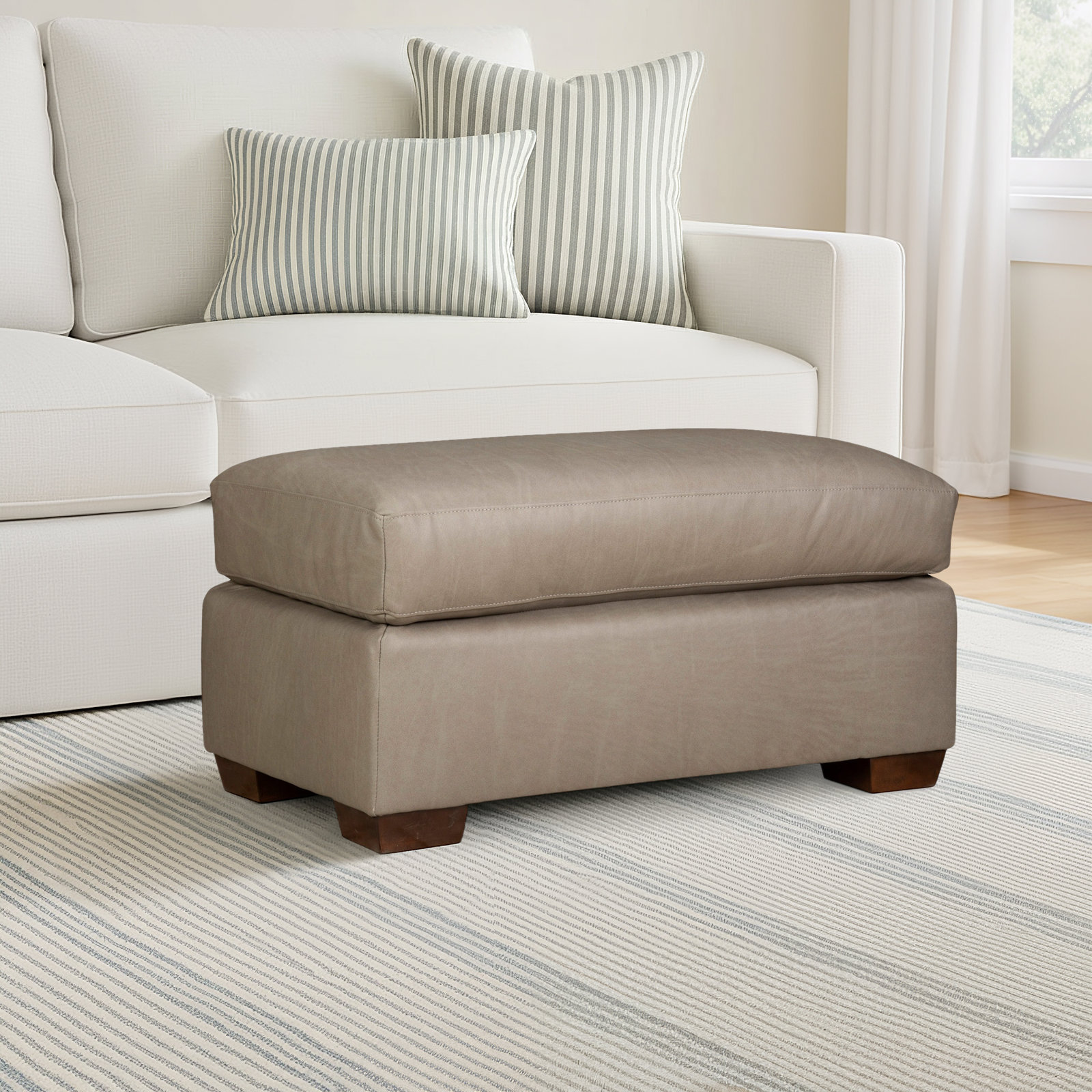 Cranbrook 34" Genuine Leather Ottoman, Nantucket Stone Genuine Leather
