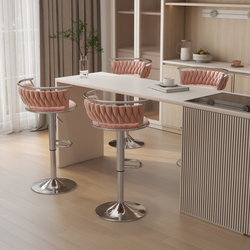 Christal Height Adjustable Swivel Bar Stool, Silver, Pink