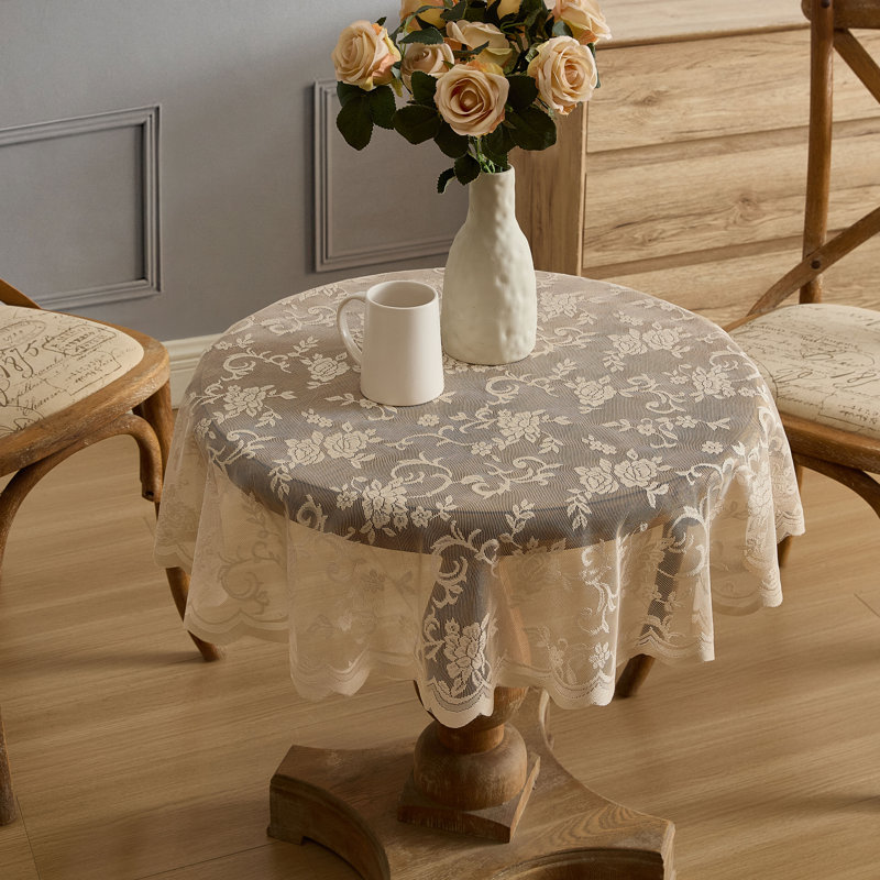Winston Porter Marlow Floral Lace Fabric Tablecloth, Lace Fabric Table Cloth for Round Tables, Wrinkle Resistant Tablecloth, Patterned Scalloped Tablecloth (Round, Linen Taupe)