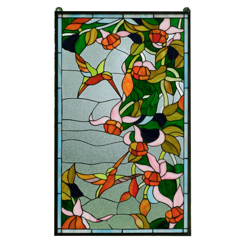 World Menagerie Hummingbirds and Flower Stained Glass Window Panel