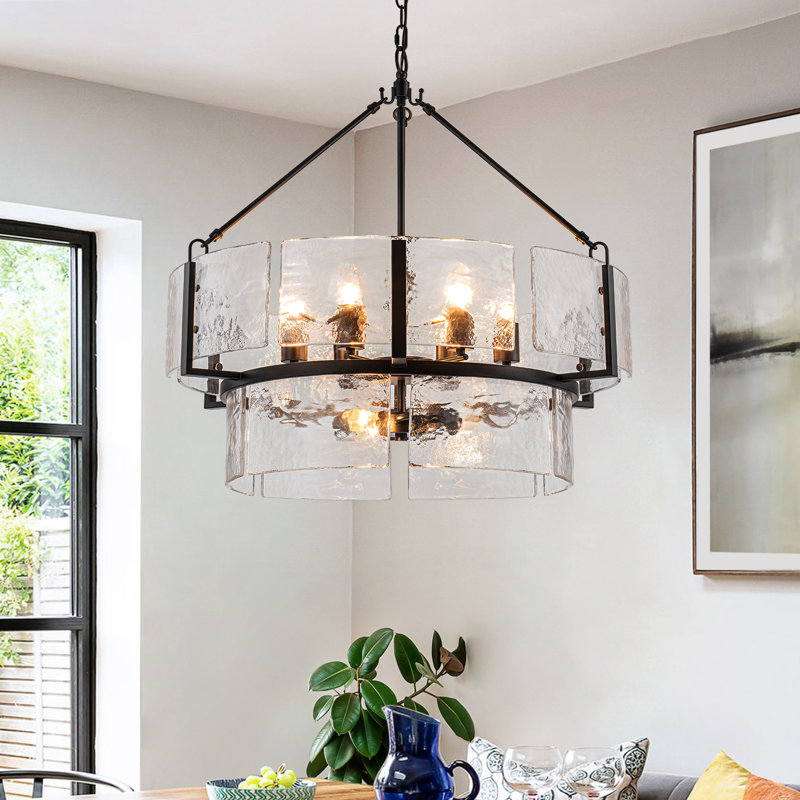 9-Light Dimmable 2-Tier Drum Water Glass Chandelier