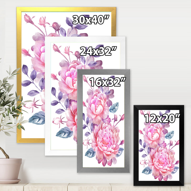 Fleurs roses rétro avec feuilles bleues - peinture sur toile, H 40 po x l 30 po x 1,5 po, Toile avec cadre noir