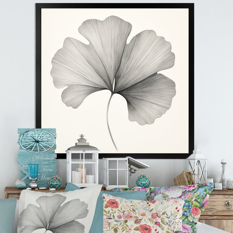 Feuilles de ginkgo minimalistes grises et blanches, H 30 po x l 30 po, Cadre photo noir
