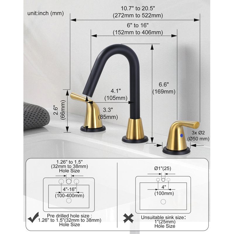 Widespread 2-handle Bathroom Faucet with Drain Assembly, Black/Gold