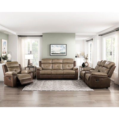 3 pièces inclinables en microfibre brune, design contemporain pour une vie confortable, structure en bois massif, rembourrage en mousse, inclinaison par languette, avec rangement central en microfibre 3 pièces
