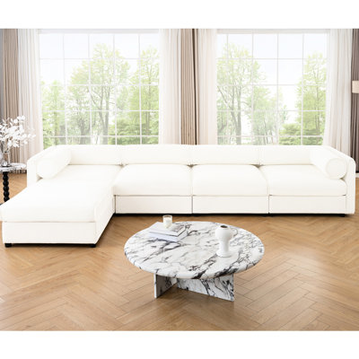 Rangement de salon avec commodité - 4 sièges en forme de L, chenille blanche, assise confortable et cylindrique ergonomique