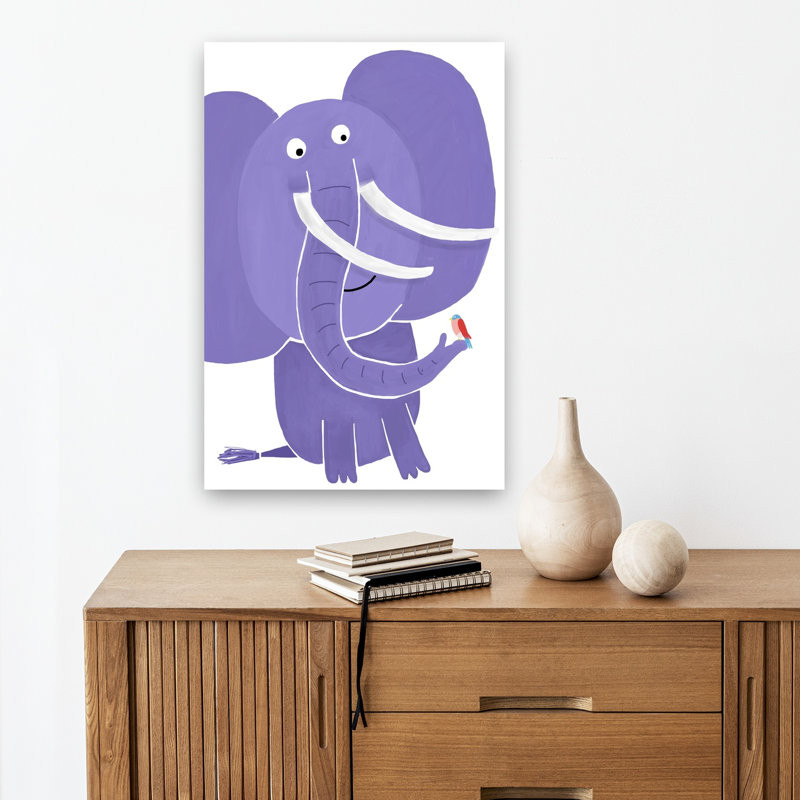 Gentle Elephant And Bird Contemporary Bird Wall Art Print by Carla Daly - Wrapped Canvas Print
