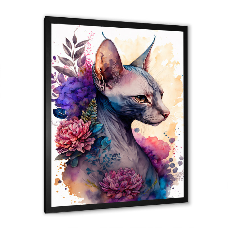 «Cute Sphynx Floral Art I», peinture sur toile, Impression noire sur toile encadrée, H 20 po x l 12 po x P 1 po