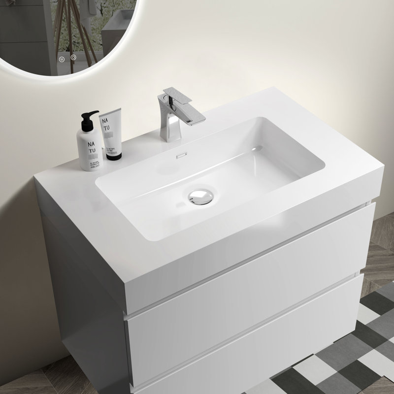 Bassin contemporain à surface solide blanc brillant contemporain - Modernisation des salles de bain, pas de drain ni de robinet, rendant les salles de bain modernes, pratiques et sans