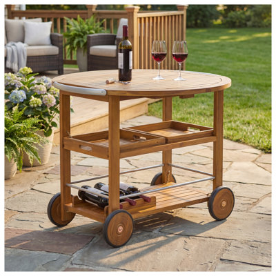 Outdoor Acacia Wood Bar Cart with Foldable Tabletop - Teak Finish