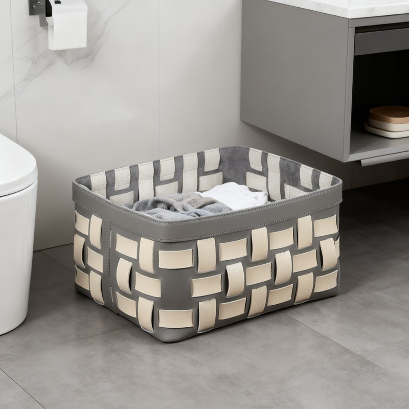 Large Capacity Leather Laundry Hamper With Two-Tone Design -  For Bathroom, Bedroom, Kids Room - Organize Clothes, Toys And More