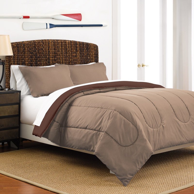 Martex Solid Color Reversible Comforter and Sham Bedding Set Super Soft Brushed Fabric, Khaki / Chocolate