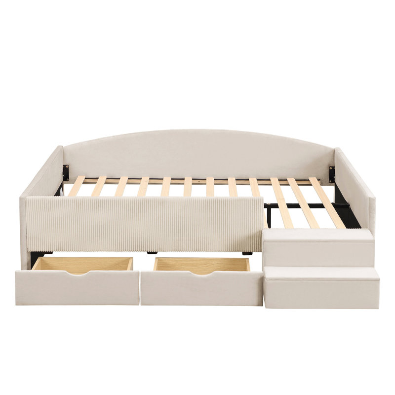 Structure de lit double rembourrée pleine grandeur avec 2 tiroirs de rangement, Beige