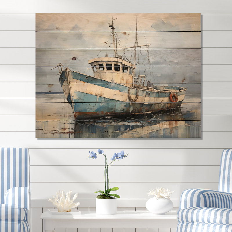 Bateau de pêche bleu et blanc - Bateau côtier, art mural sur bois de pin naturel, H 30 po x l 40 po