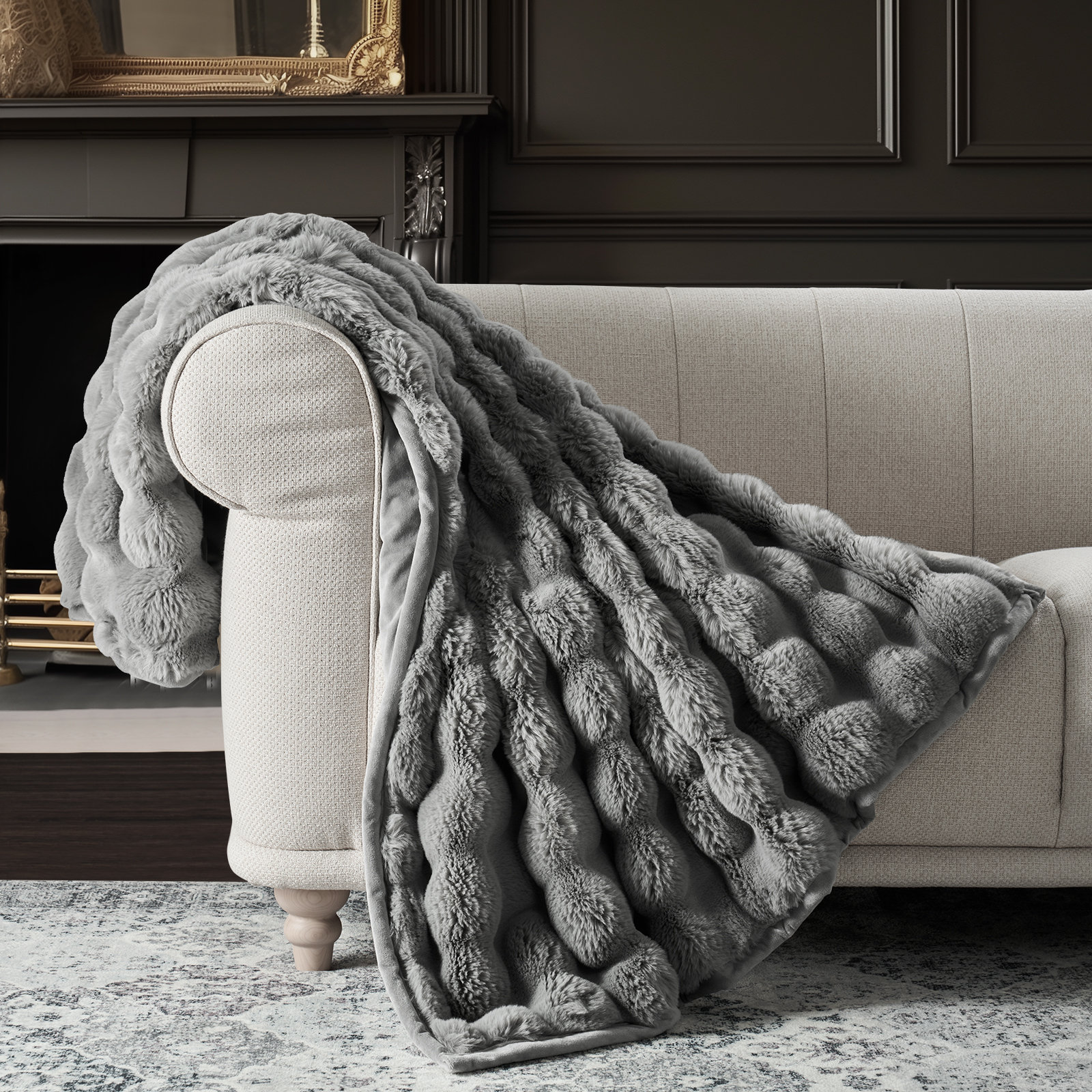 Ridgeline Faux Fur Throw Blanket, Gray, 60" L x 50" W