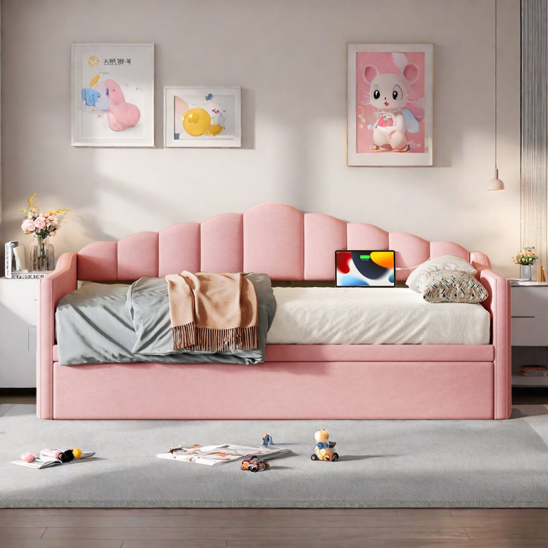 Upholstered Daybed With Pop Up Trundle, Charging Ports, 2 Side Pockets And Curved Backrest Design, Pink