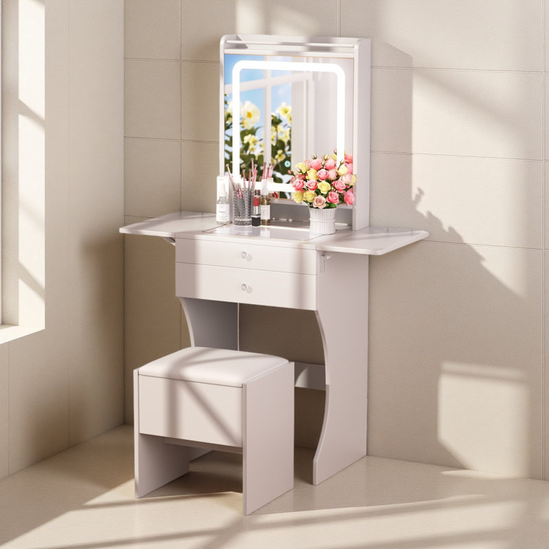 Vanity Set For Small Bedrooms - Small Space Makeup Vanity With Stool, Compartmentalized Drawers