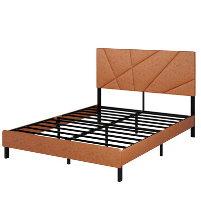 Queen Size Bed Frame, Antique Brown, Metal And Composition, Square Platform With Under - Storage, Modern Look Feel, No Spring Loaded Mattress Brown Upholstered Bed, Easy To Assemble, Good Support