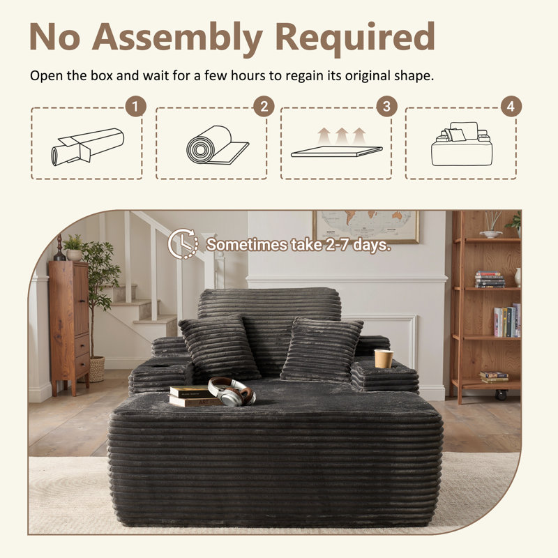 48.42'' Wide Oversized Upholstered Chaise Lounge Chair With Armrests, Pillows, And Cup Holder – No Assembly Required
