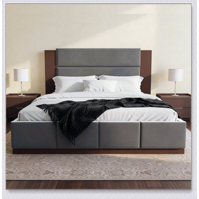 Upholstered Platform Bed Frame With Extended Wood Headboard, Modern Bed With Wood Base, No Box Spring Needed