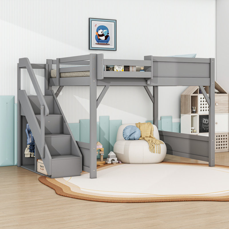 Wooden Space-Saving Loft Bed with Stairs, Gray, Full