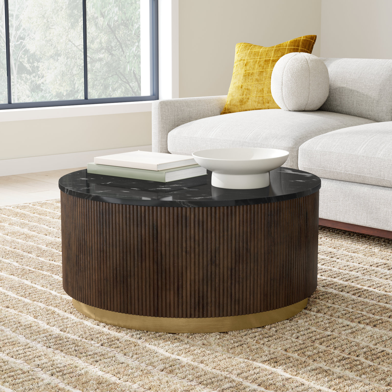 Rylee 36" Genuine Marble Coffee Table, Black Top/Espresso Base