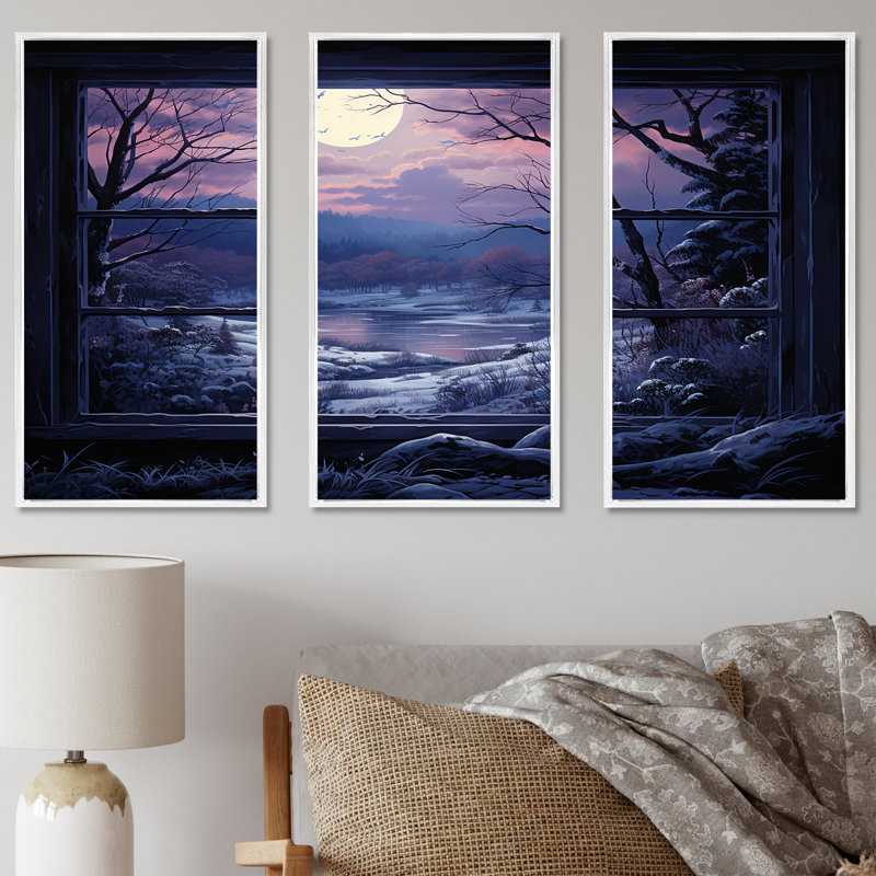 «Purple River Winter Windows III - Winter Landscape», art mural, H 28 po x l 36 po x P 1 po, Cadre flottant blanc