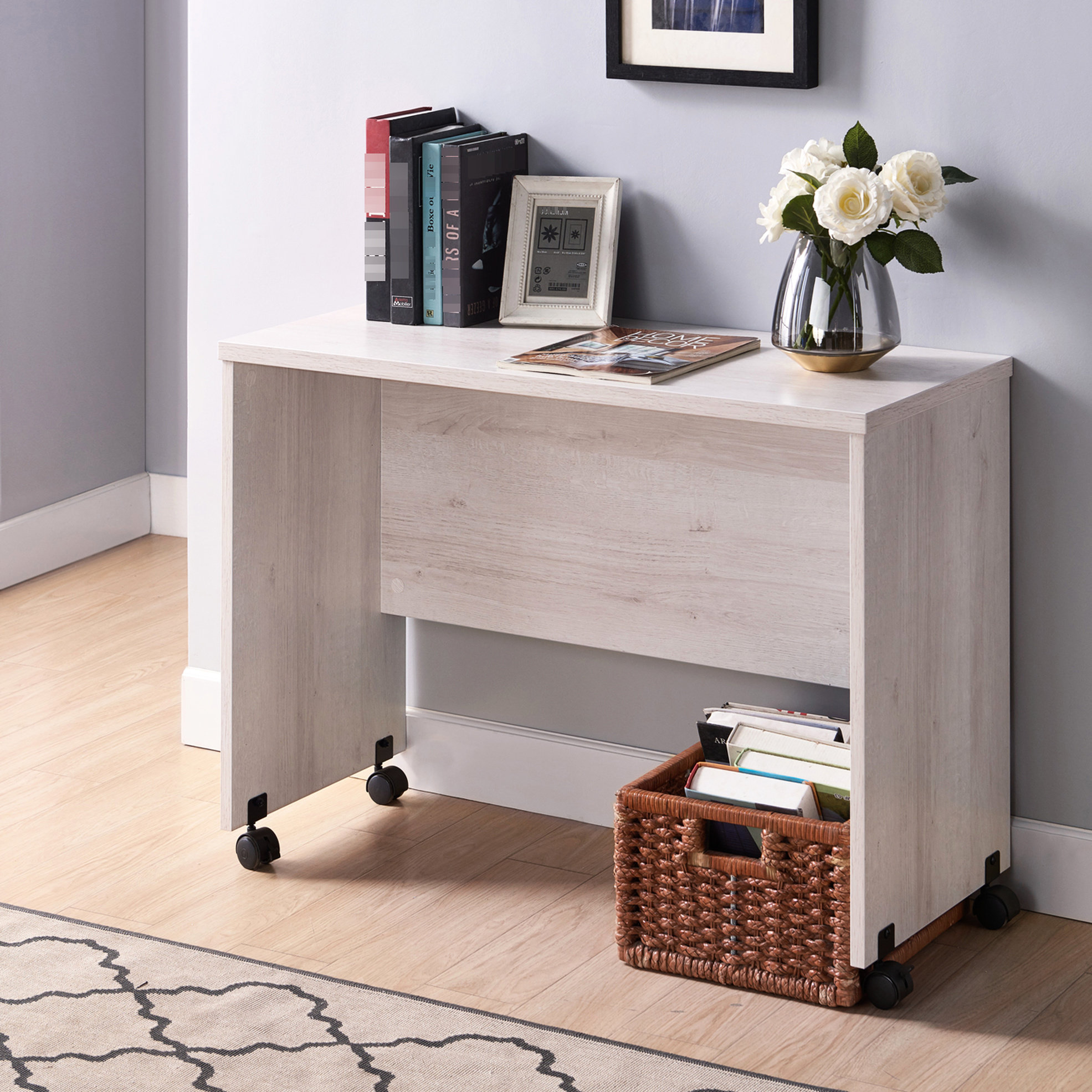 Latitude Run® White Oak Mid-Century Desk With Four Wheeled Movement And ...