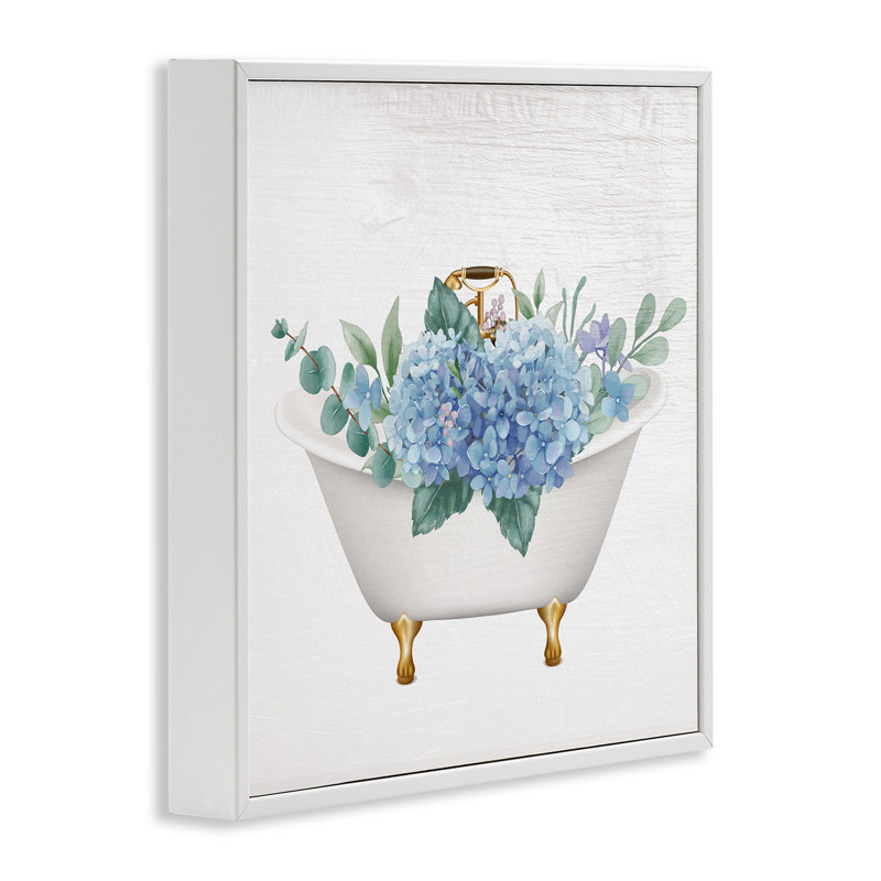 Baignoire chic avec hortensias en fleurs, art giclée blanche encadrée par Lil 'Rue, H 24 po x l 24 po x P 1,5 po