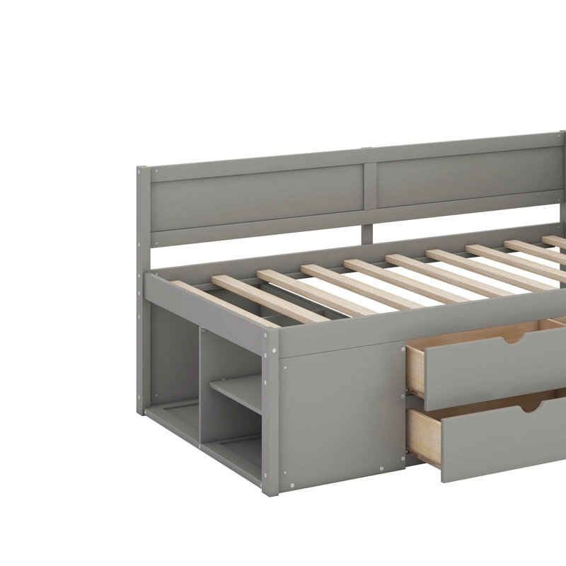 Lit de jour simple avec tiroirs et tablettes, Gris, Lit simple