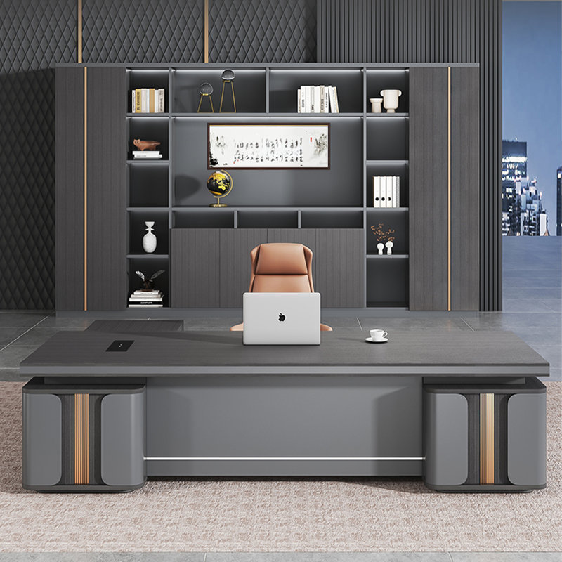 Bureau de direction moderne en L gris foncé minimaliste avec grand rangement et multiprise intégrée, bureau de direction et de direction de qualité supérieure